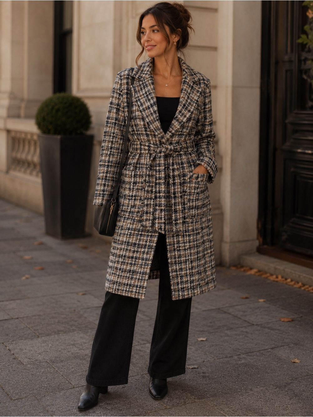 Checked Belted Trench Coat in Neutral Plaid